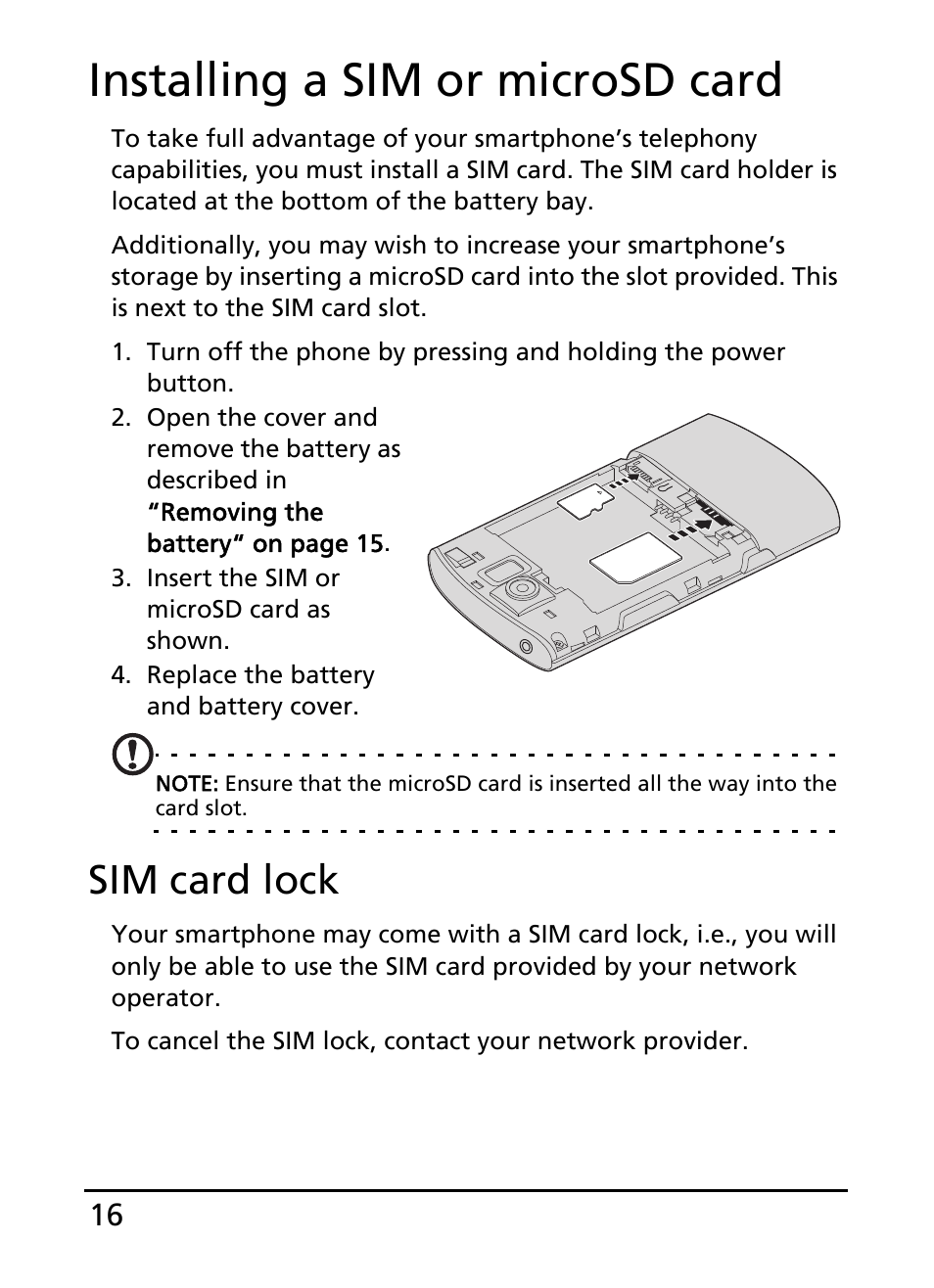 Installing a sim or microsd card, Sim card lock | Acer S100 User Manual | Page 16 / 80