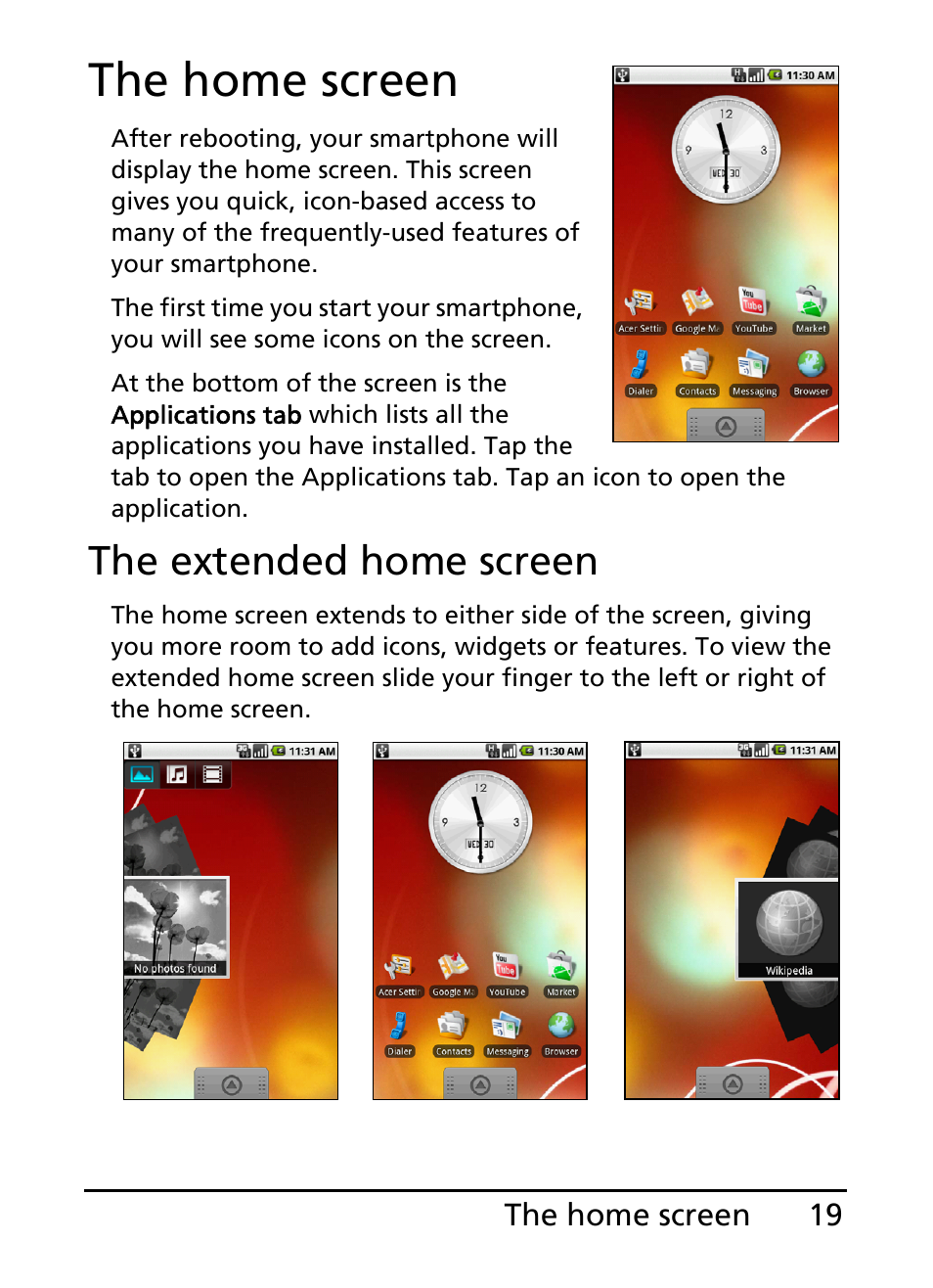The home screen, The extended home screen | Acer S100 User Manual | Page 19 / 80