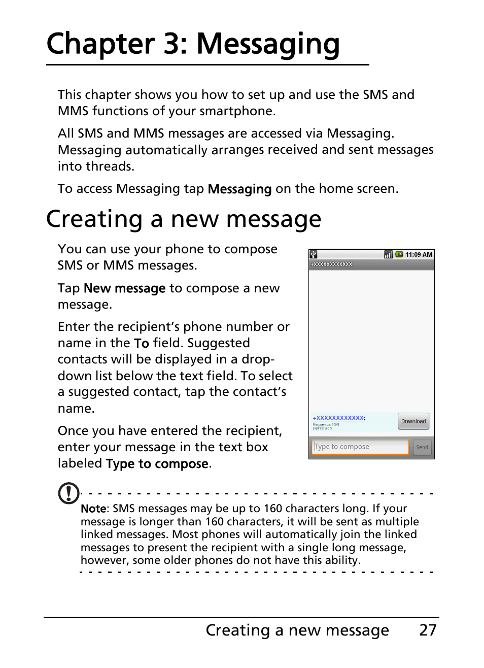 Creating a new message, Chapter 3: messaging | Acer S100 User Manual | Page 27 / 80