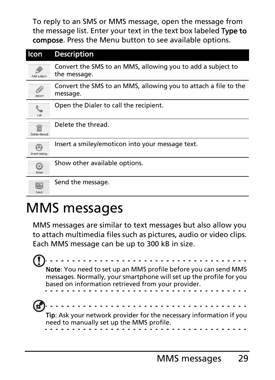 Mms messages, 29 mms messages | Acer S100 User Manual | Page 29 / 80