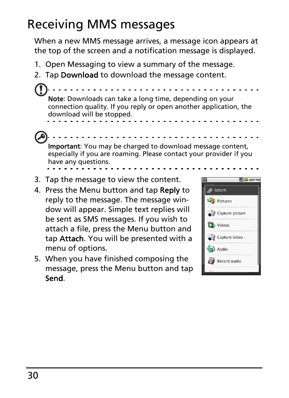 Receiving mms messages | Acer S100 User Manual | Page 30 / 80