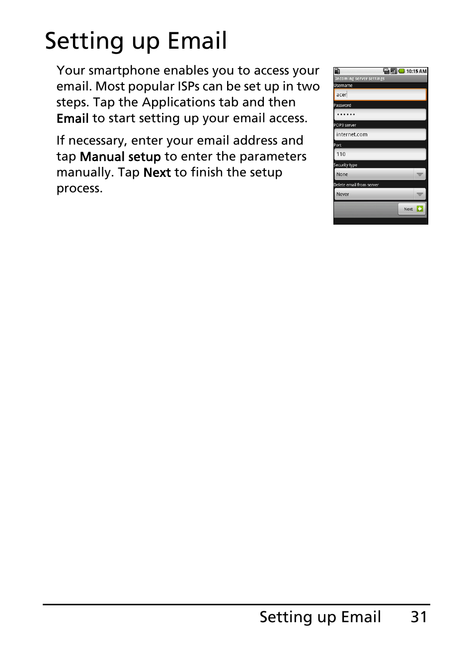 Setting up email | Acer S100 User Manual | Page 31 / 80