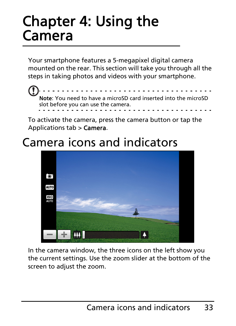 Camera icons and indicators, Chapter 4: using the camera | Acer S100 User Manual | Page 33 / 80