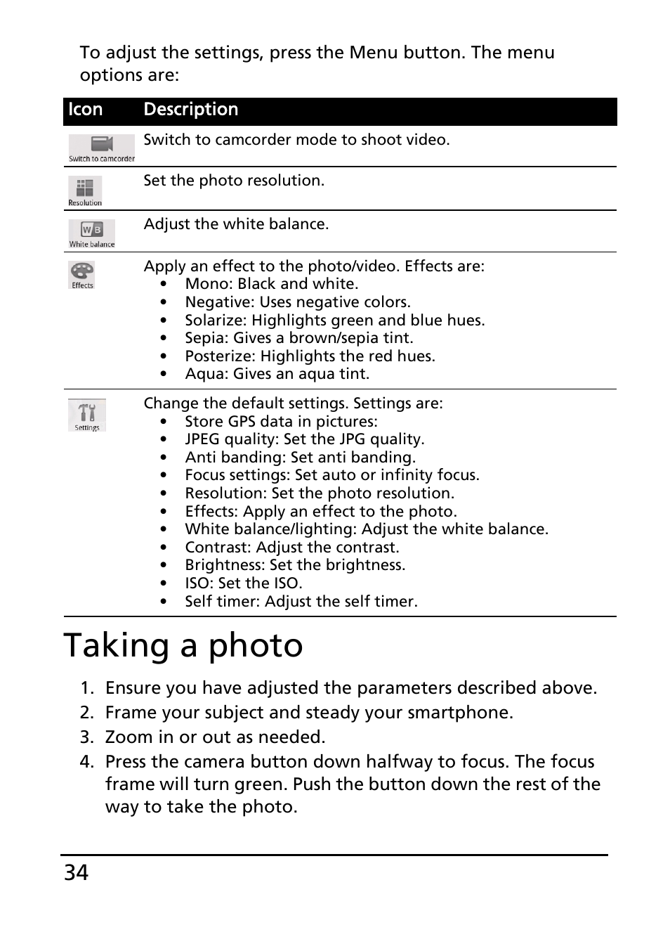 Taking a photo | Acer S100 User Manual | Page 34 / 80