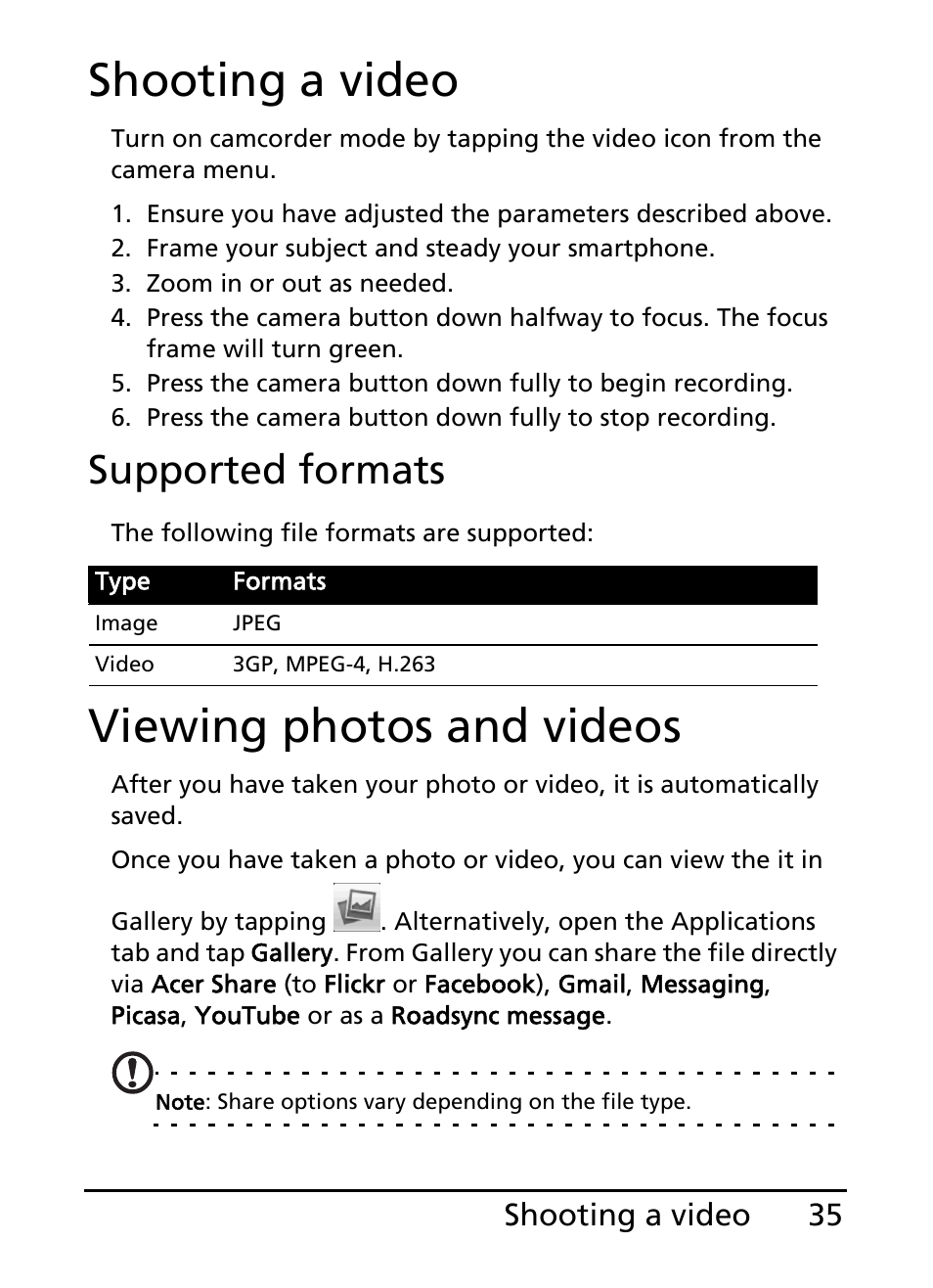 Shooting a video, Viewing photos and videos, Shooting a video viewing photos and videos | Supported formats | Acer S100 User Manual | Page 35 / 80