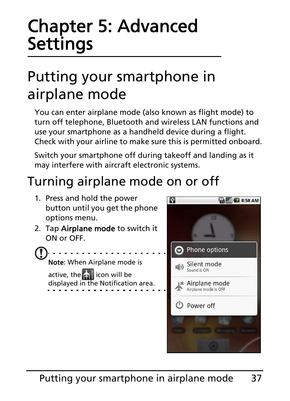 Putting your smartphone in airplane mode, Chapter 5: advanced settings, Turning airplane mode on or off | Acer S100 User Manual | Page 37 / 80