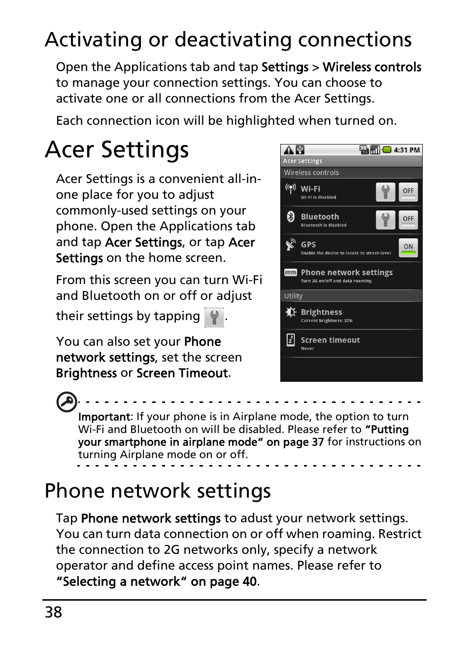 Acer settings, Activating or deactivating connections, Phone network settings | Acer S100 User Manual | Page 38 / 80