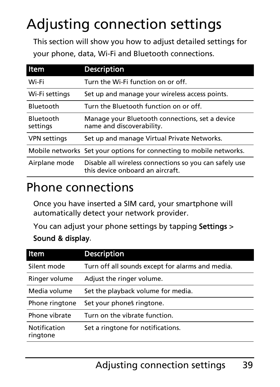 Adjusting connection settings, Phone connections, 39 adjusting connection settings | Acer S100 User Manual | Page 39 / 80