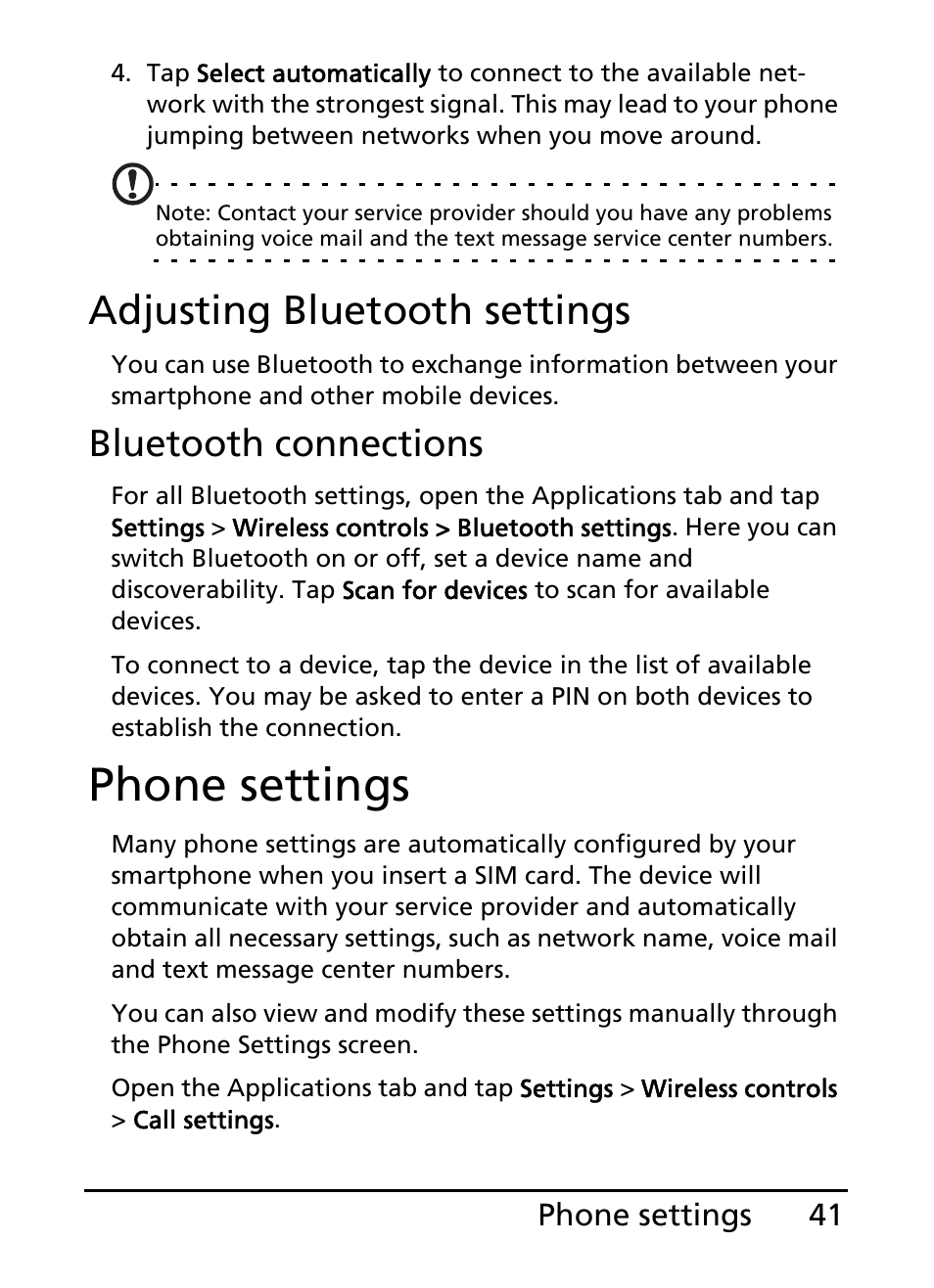 Phone settings, Adjusting bluetooth settings, Bluetooth connections | Acer S100 User Manual | Page 41 / 80