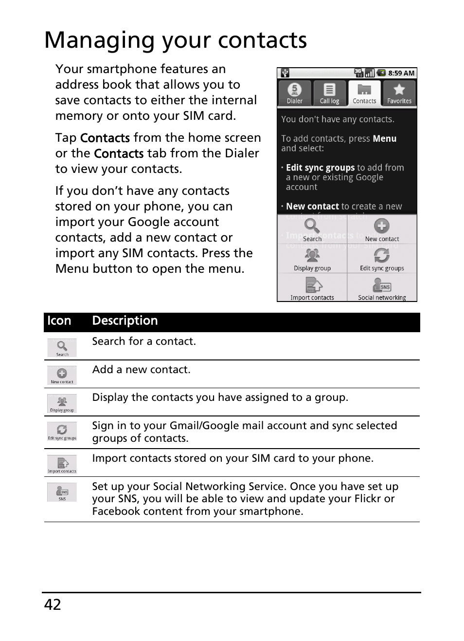 Managing your contacts | Acer S100 User Manual | Page 42 / 80