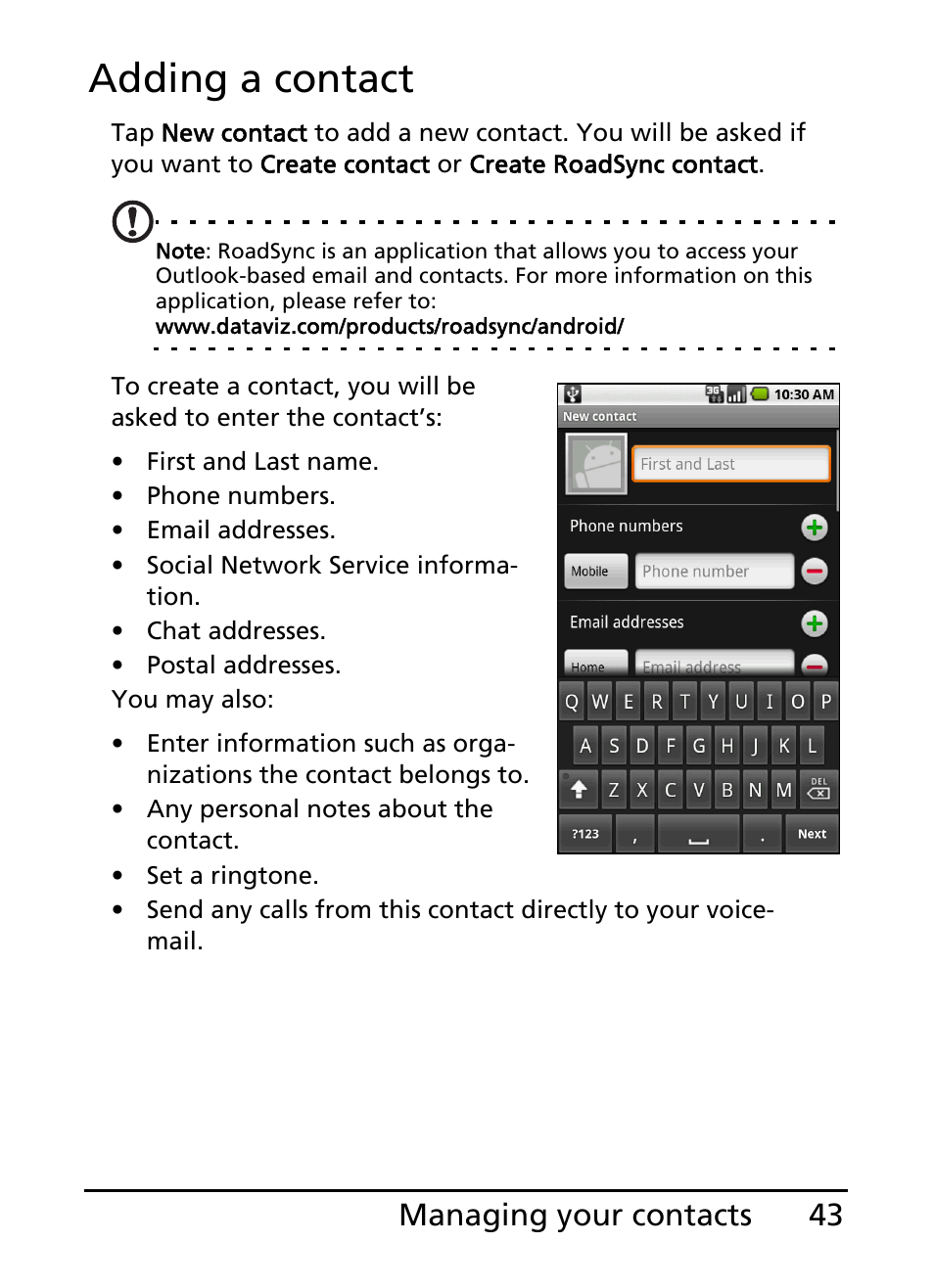 Adding a contact, 43 managing your contacts | Acer S100 User Manual | Page 43 / 80