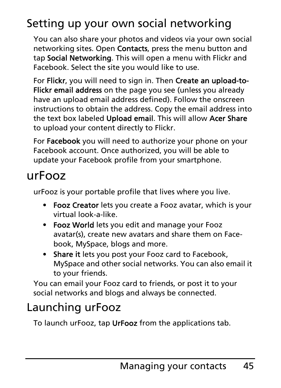 Urfooz, Setting up your own social networking, Launching urfooz | Acer S100 User Manual | Page 45 / 80