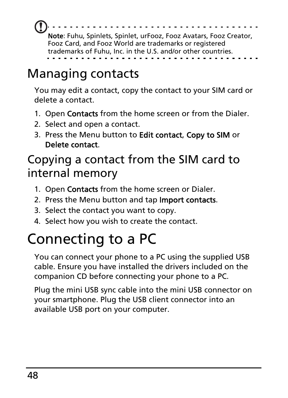 Connecting to a pc, Managing contacts | Acer S100 User Manual | Page 48 / 80