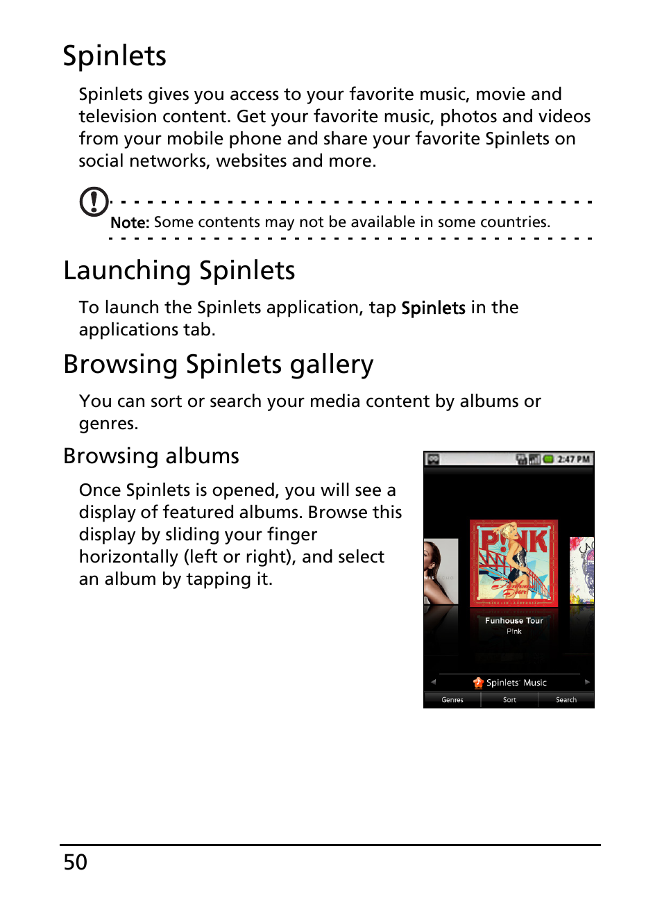 Spinlets, Launching spinlets, Browsing spinlets gallery | Acer S100 User Manual | Page 50 / 80