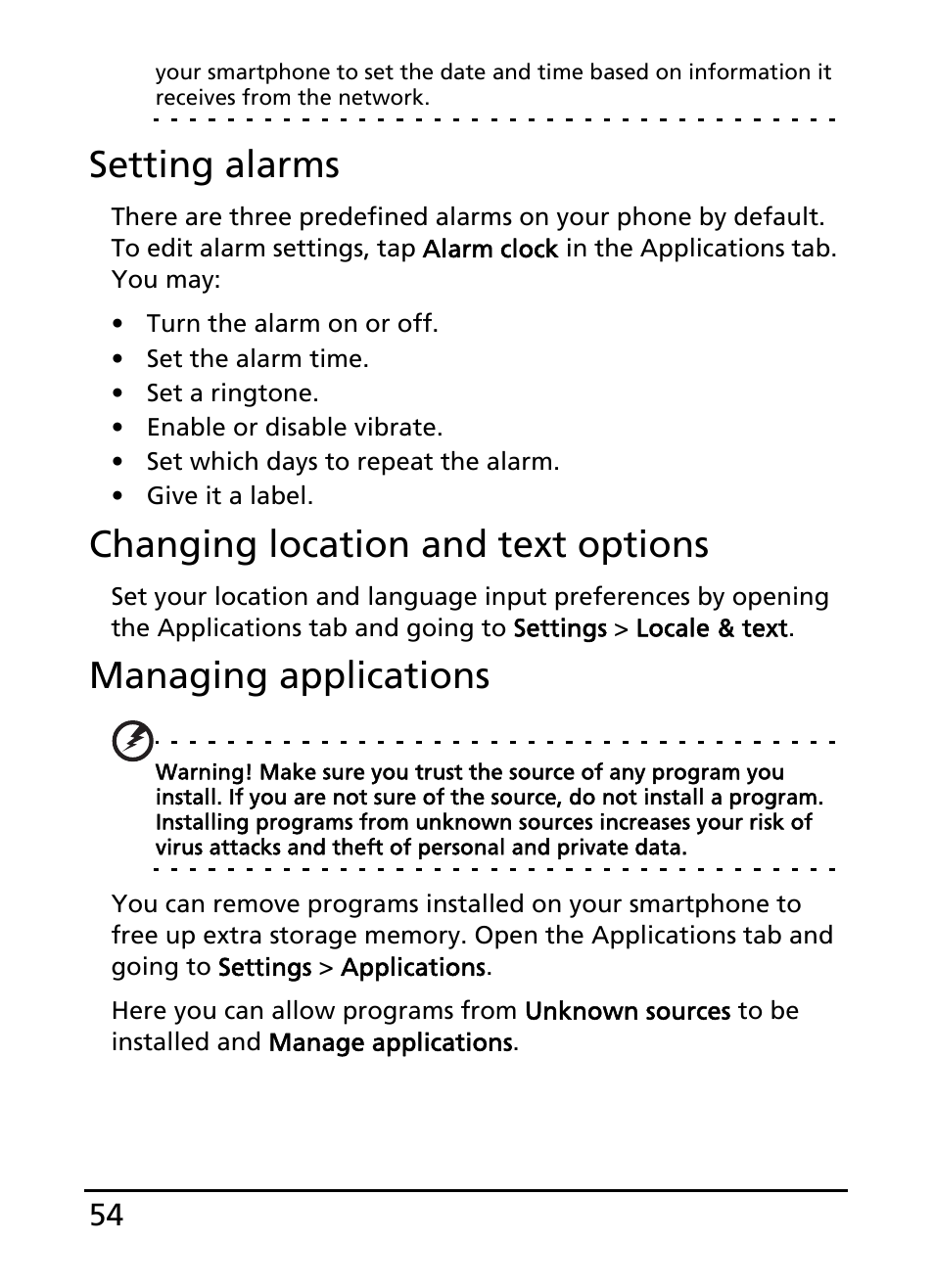 Setting alarms, Changing location and text options, Managing applications | Acer S100 User Manual | Page 54 / 80