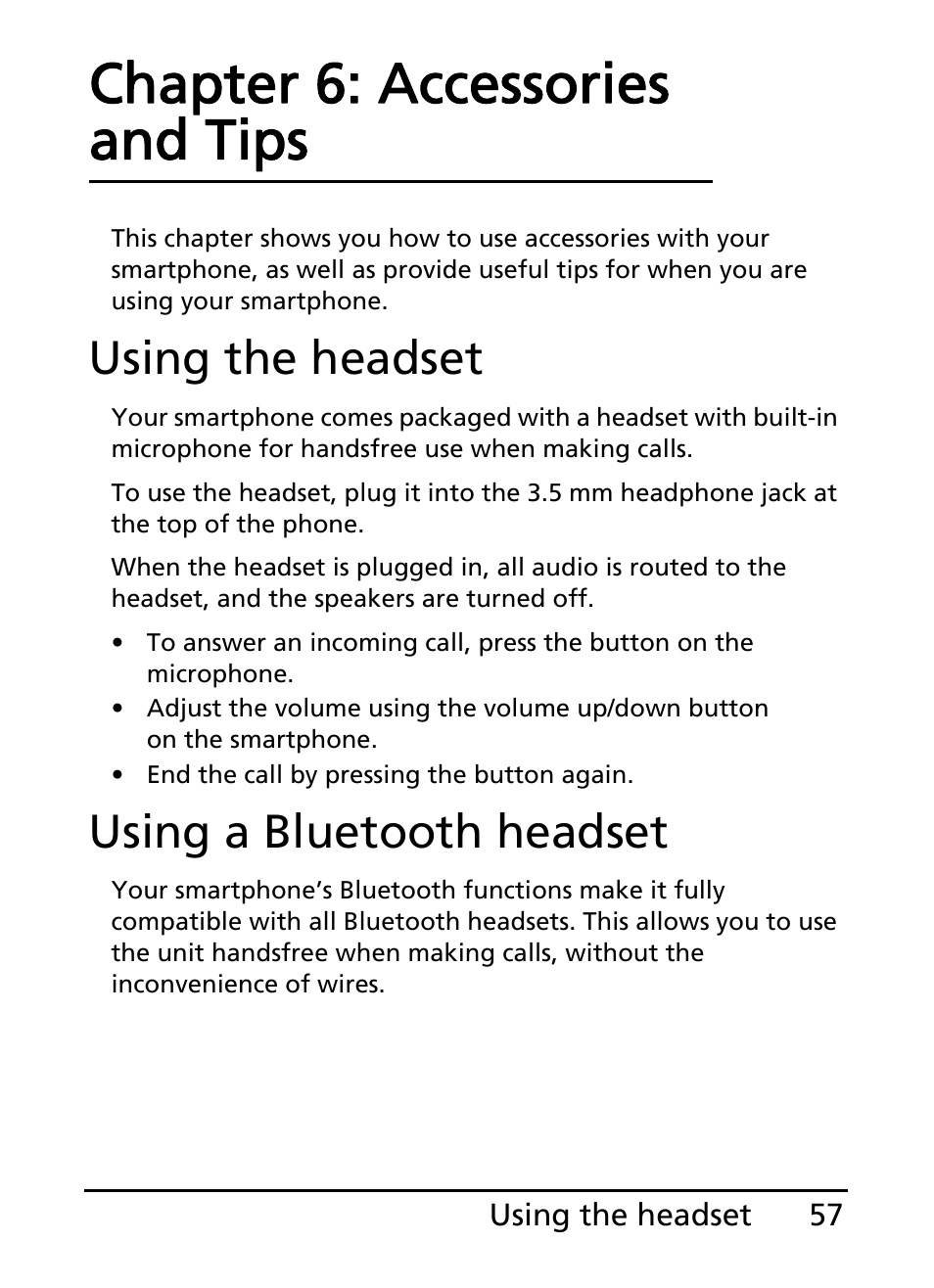 Using the headset, Using a bluetooth headset, Chapter 6: accessories and tips | Using the headset using a bluetooth headset | Acer S100 User Manual | Page 57 / 80
