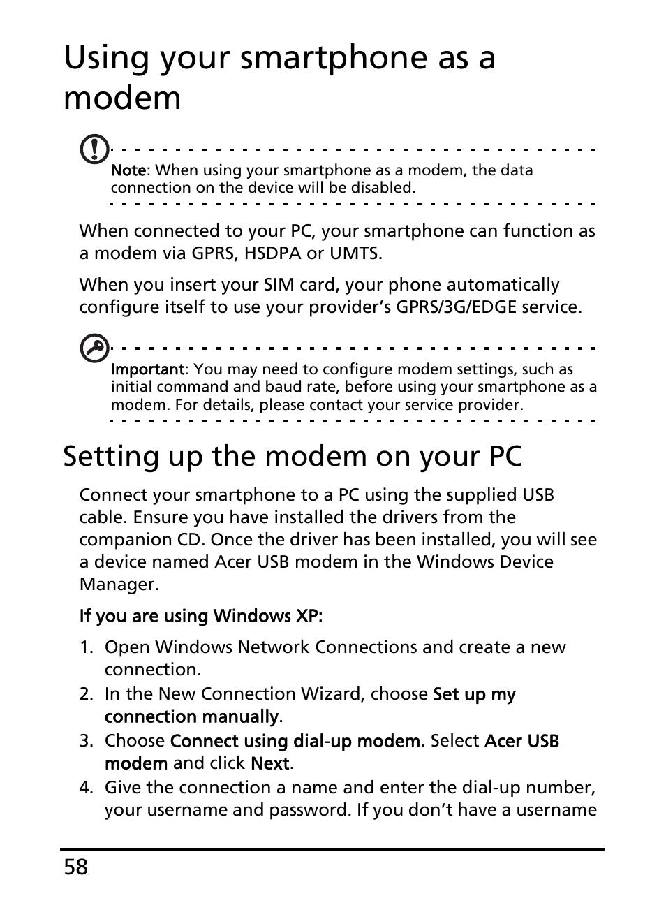 Using your smartphone as a modem, Setting up the modem on your pc | Acer S100 User Manual | Page 58 / 80