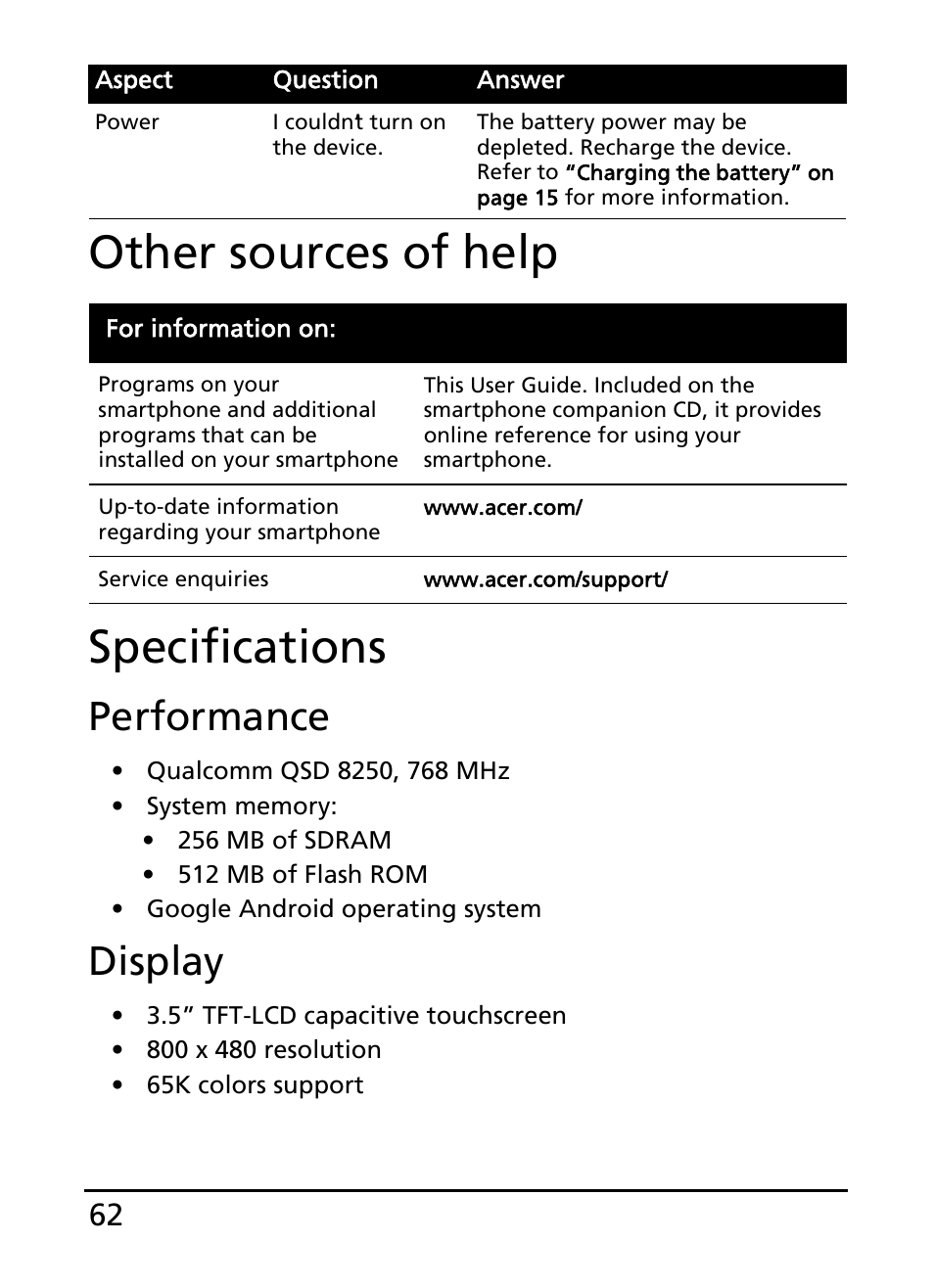 Other sources of help, Specifications, Other sources of help specifications | Performance, Display | Acer S100 User Manual | Page 62 / 80