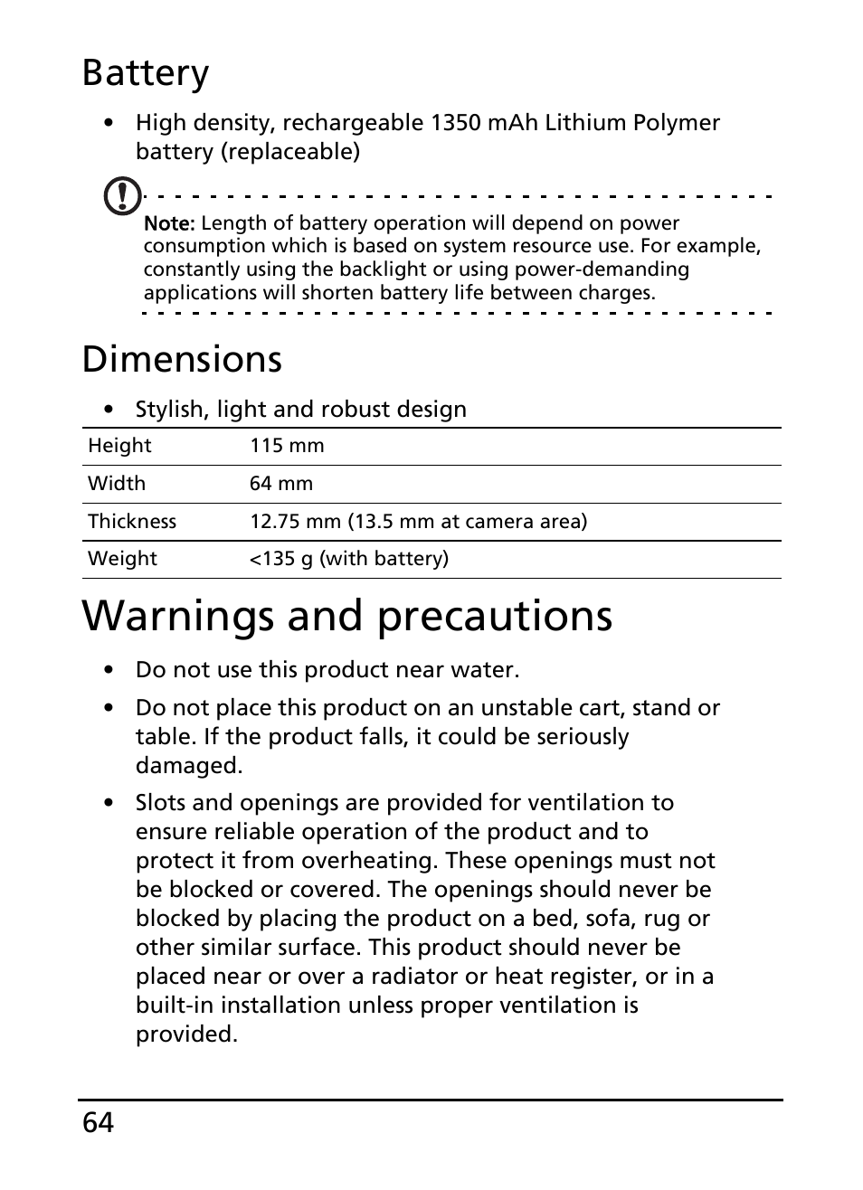 Warnings and precautions, Battery, Dimensions | Acer S100 User Manual | Page 64 / 80