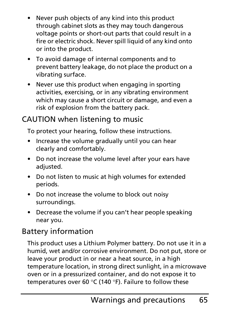 65 warnings and precautions, Caution when listening to music, Battery information | Acer S100 User Manual | Page 65 / 80