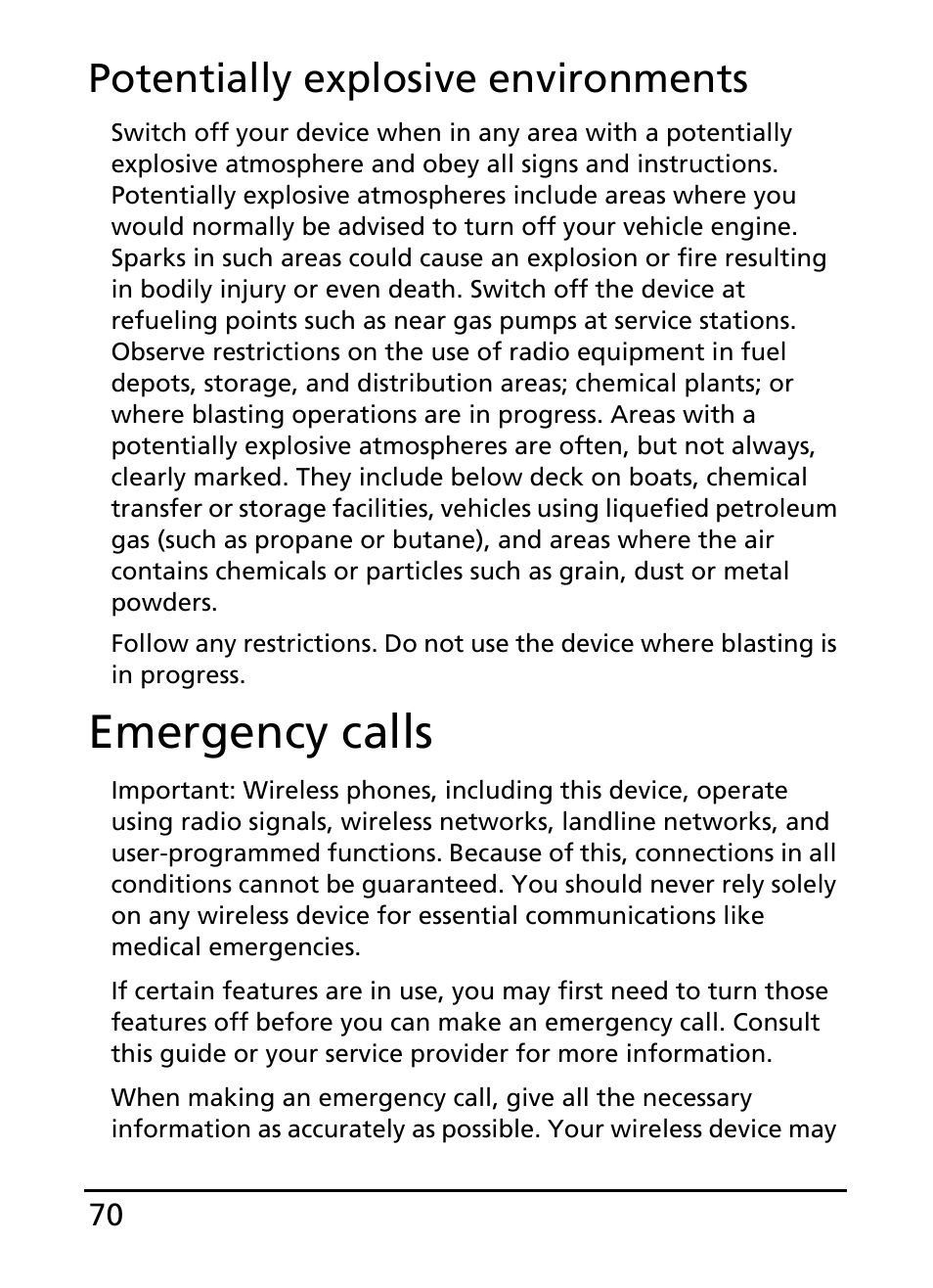 Emergency calls, Potentially explosive environments | Acer S100 User Manual | Page 70 / 80