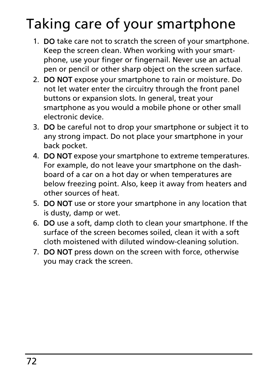 Taking care of your smartphone | Acer S100 User Manual | Page 72 / 80