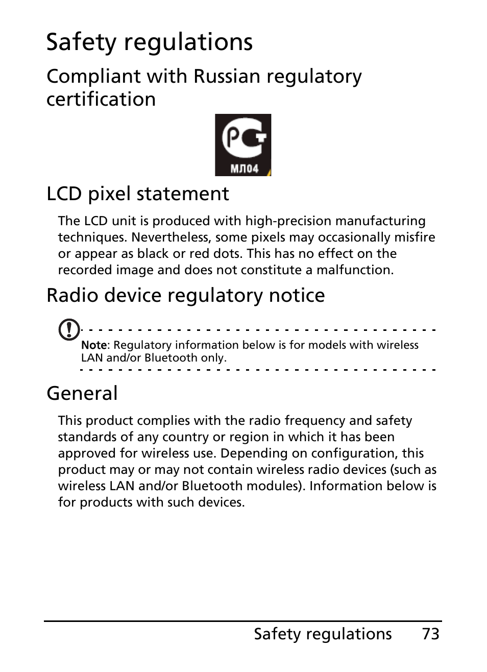 Safety regulations, Radio device regulatory notice, General | Acer S100 User Manual | Page 73 / 80