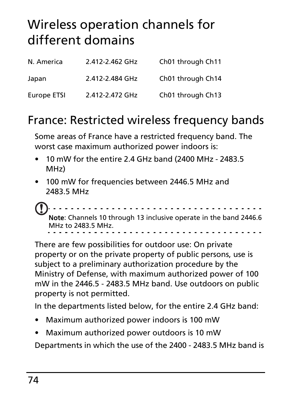 Wireless operation channels for different domains, France: restricted wireless frequency bands | Acer S100 User Manual | Page 74 / 80