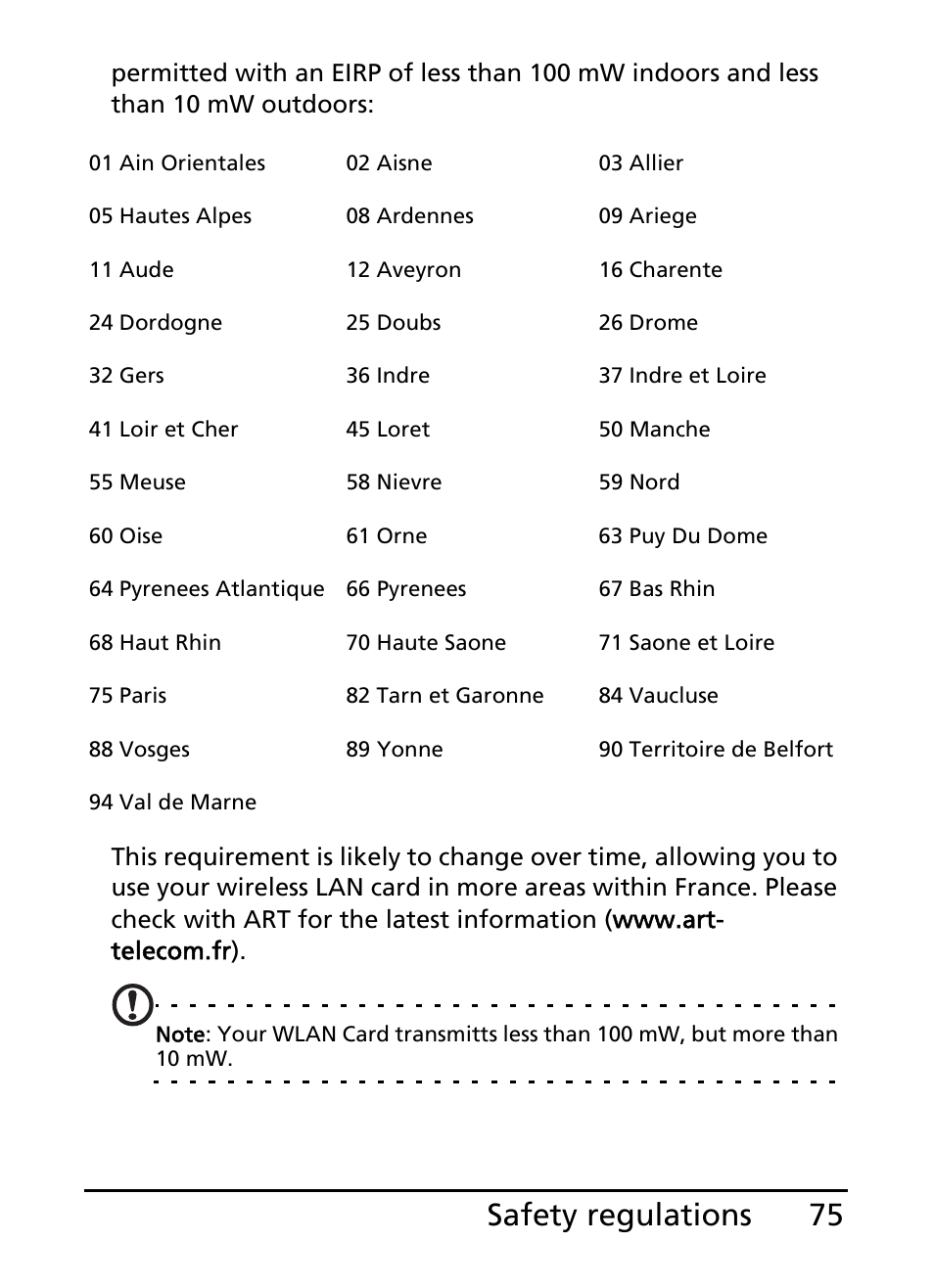 75 safety regulations | Acer S100 User Manual | Page 75 / 80