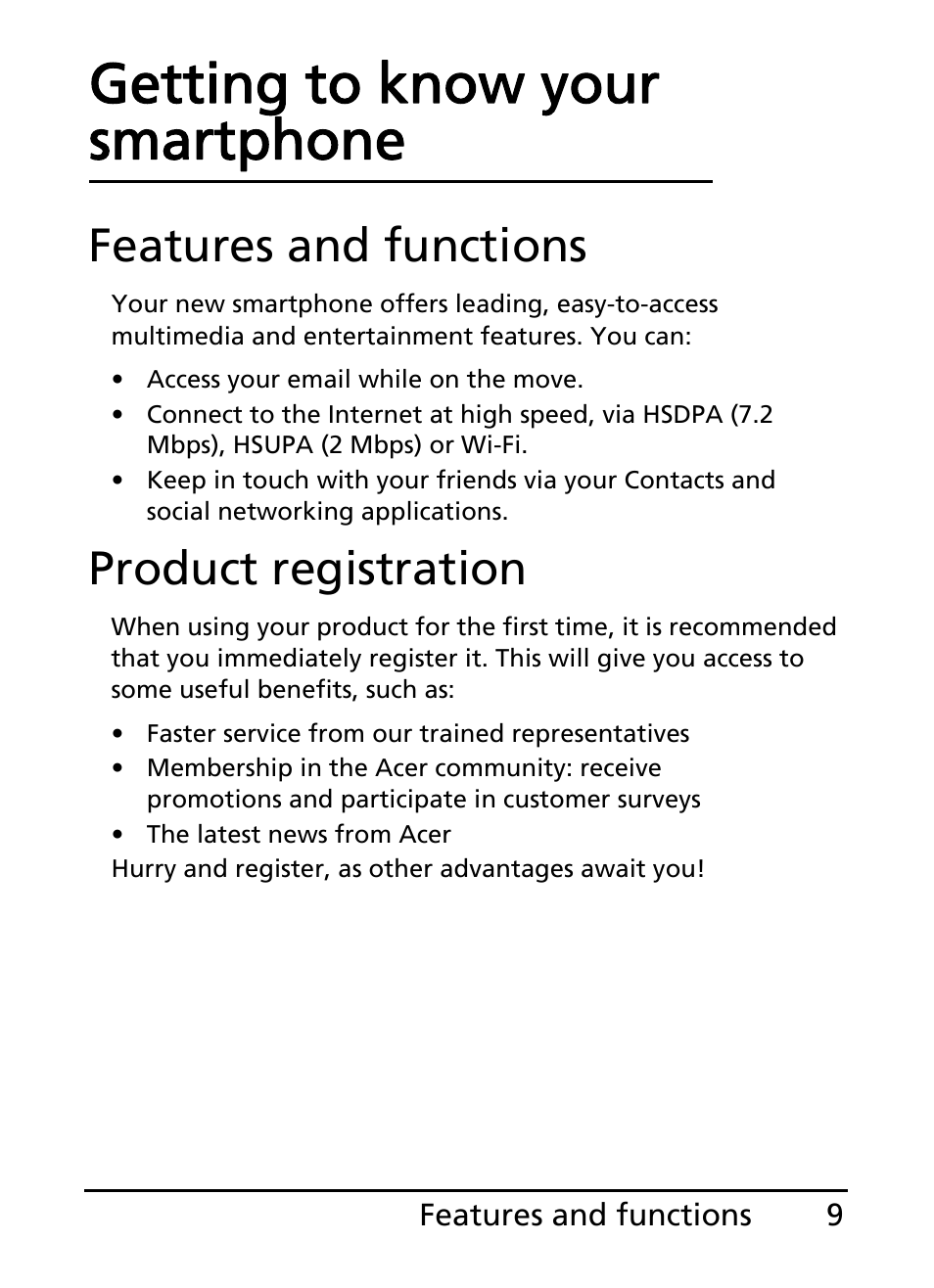 Features and functions, Product registration, Getting to know your smartphone | Features and functions product registration | Acer S100 User Manual | Page 9 / 80