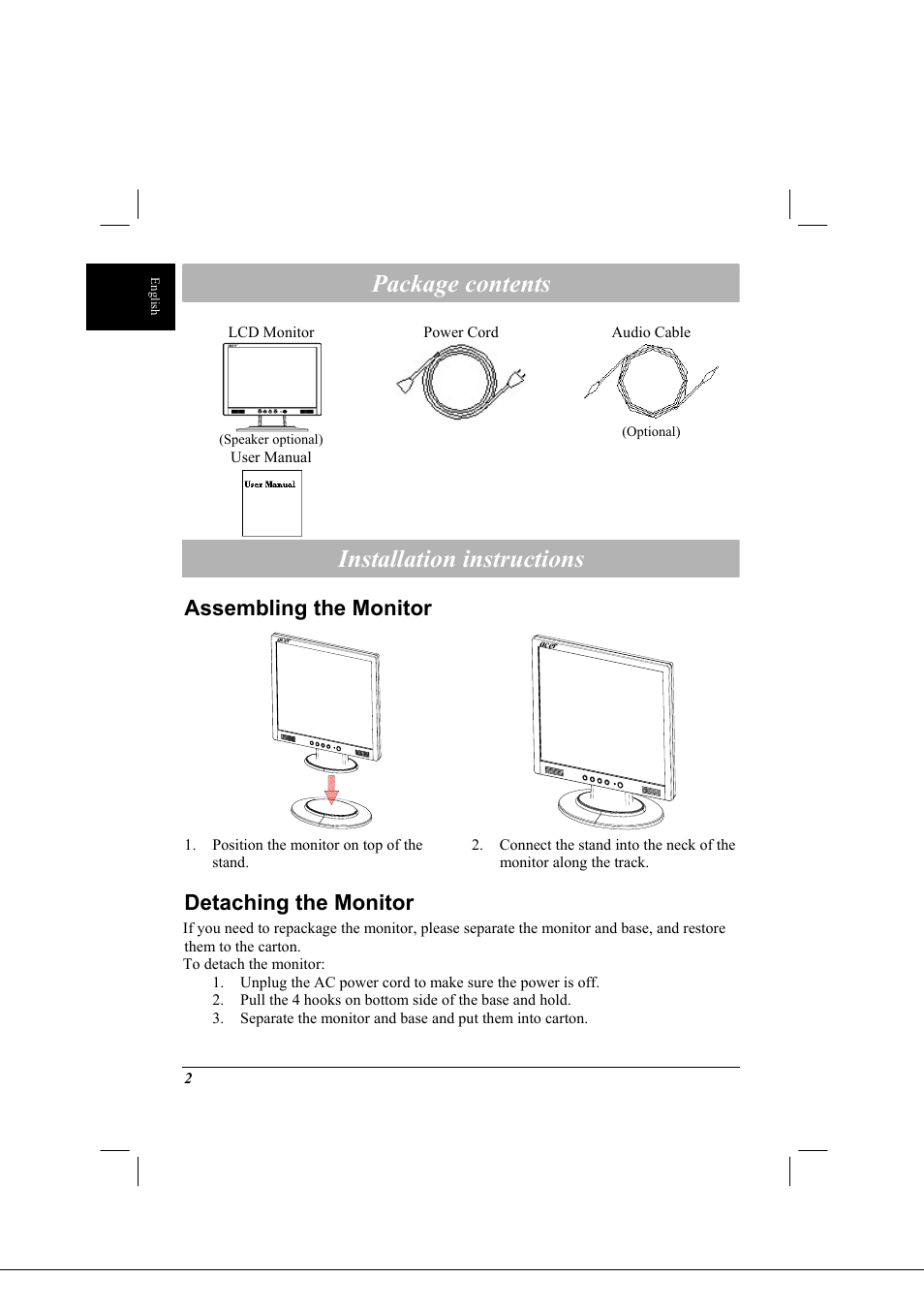 Package contents, Installation instructions, Assembling the monitor | Detaching the monitor | Acer AL1712 User Manual | Page 2 / 10