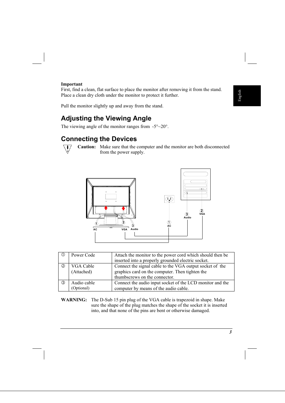 Adjusting the viewing angle, Connecting the devices | Acer AL1712 User Manual | Page 3 / 10