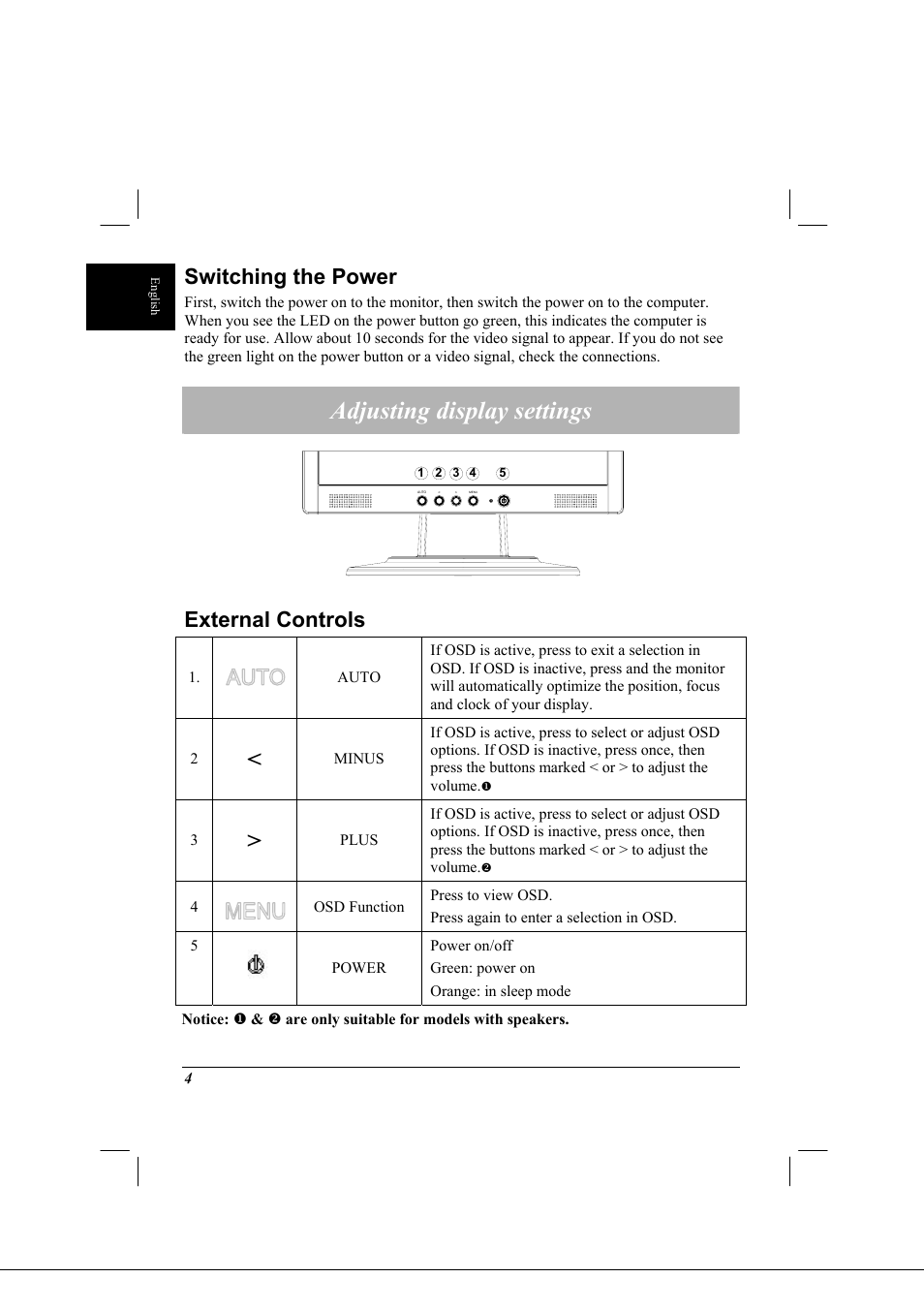 Adjusting display settings, Switching the power, External controls | Acer AL1712 User Manual | Page 4 / 10