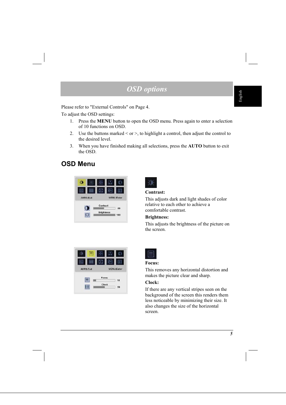 Osd options, Osd menu | Acer AL1712 User Manual | Page 5 / 10