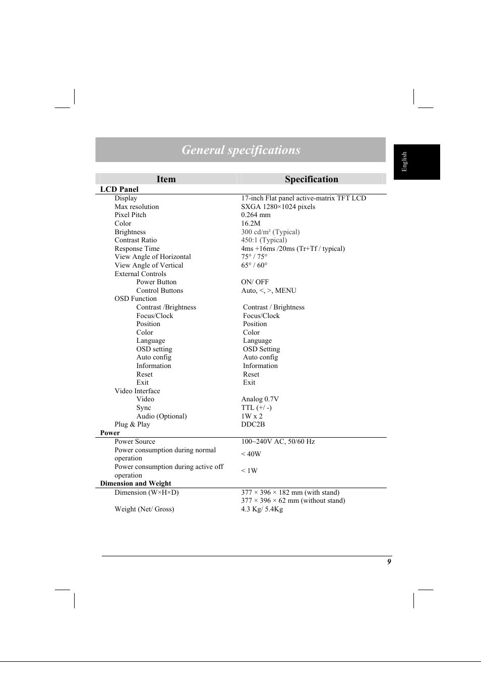General specifications, Item specification | Acer AL1712 User Manual | Page 9 / 10
