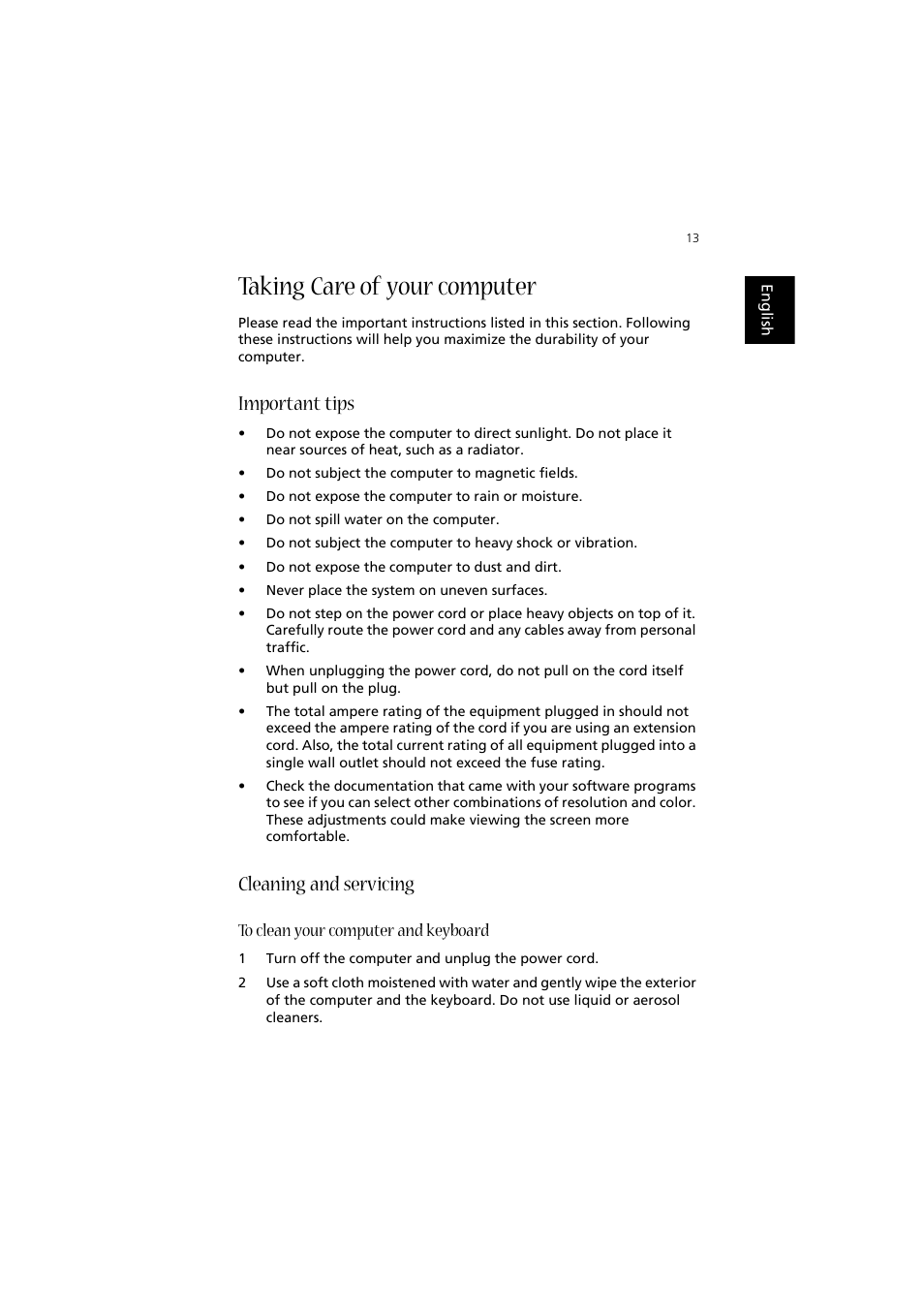 Taking care of your computer, Important tips, Cleaning and servicing | To clean your computer and keyboard | Acer Aspire T320 User Manual | Page 21 / 22