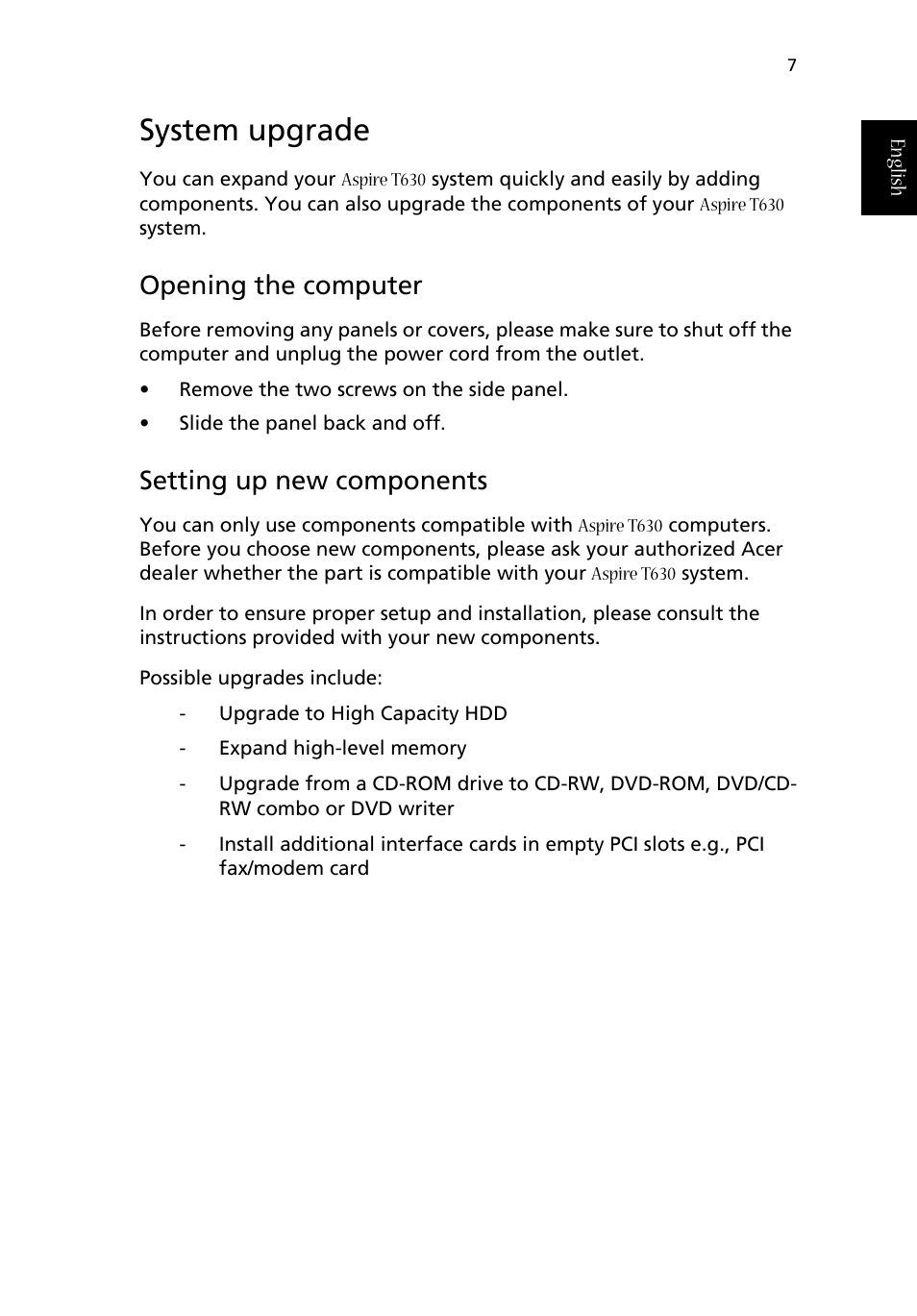 System upgrade, Opening the computer, Setting up new components | Acer Aspire T630 User Manual | Page 11 / 28