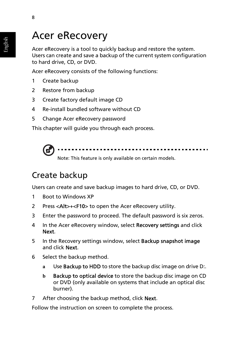 Acer erecovery, Create backup | Acer Aspire T630 User Manual | Page 12 / 28