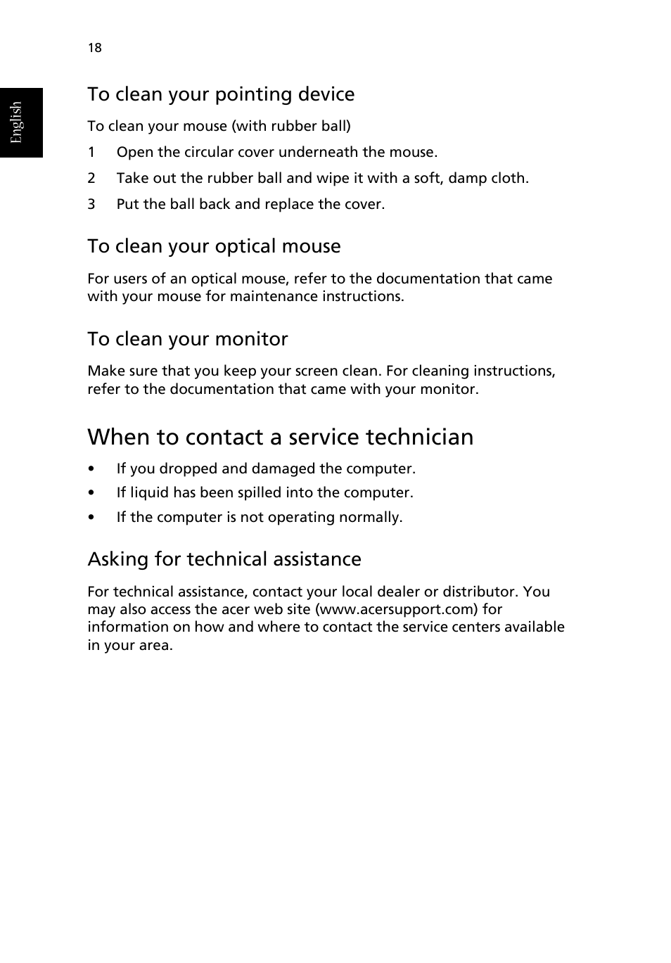 When to contact a service technician, To clean your pointing device, To clean your optical mouse | To clean your monitor, Asking for technical assistance | Acer Aspire T630 User Manual | Page 22 / 28