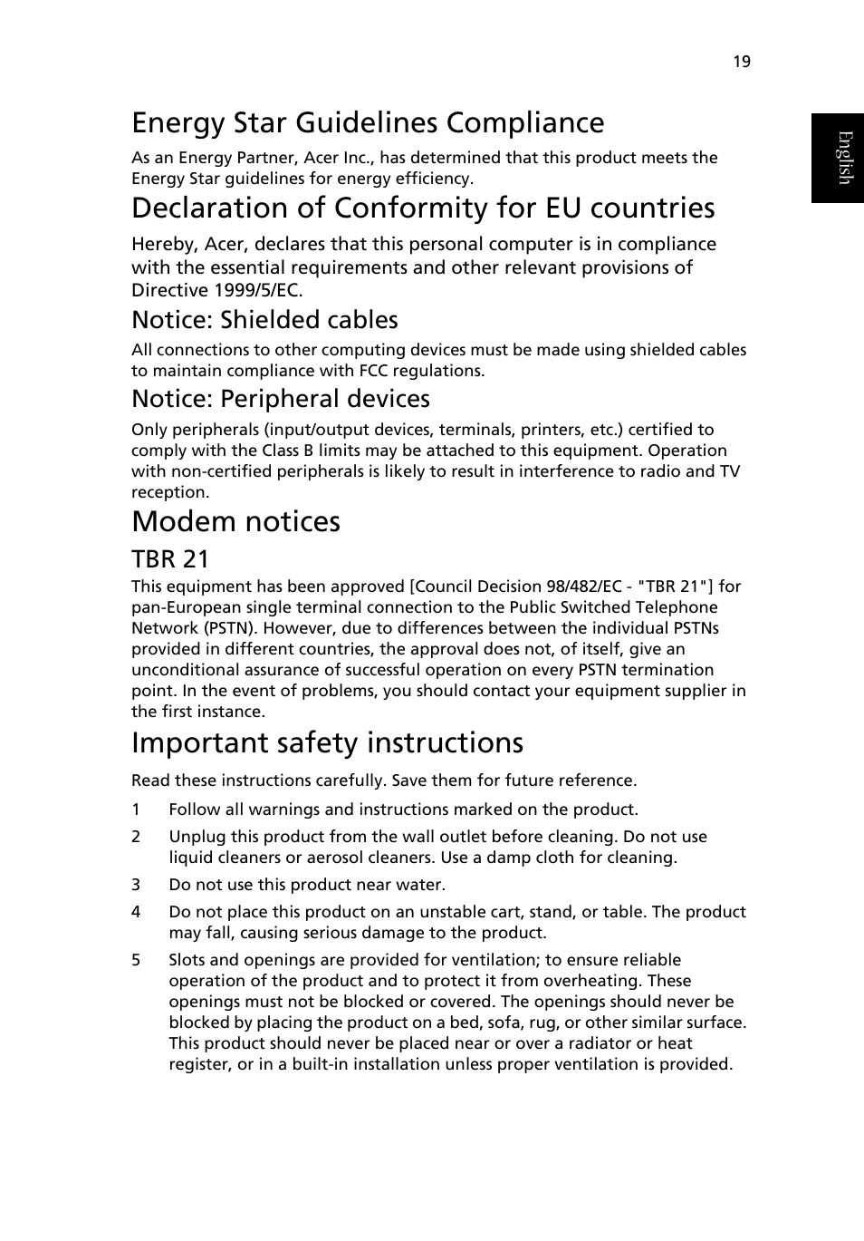 Energy star guidelines compliance, Declaration of conformity for eu countries, Modem notices | Important safety instructions, Tbr 21, Notice: shielded cables, Notice: peripheral devices | Acer Aspire T630 User Manual | Page 23 / 28