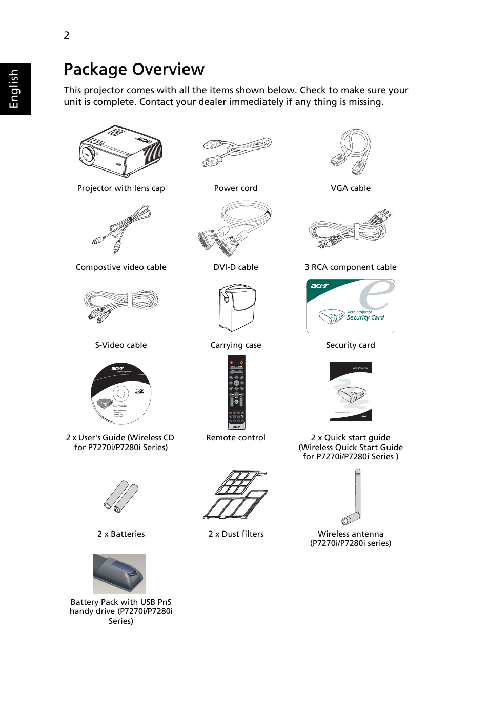 Package overview, English | Acer P7280i Series User Manual | Page 14 / 61