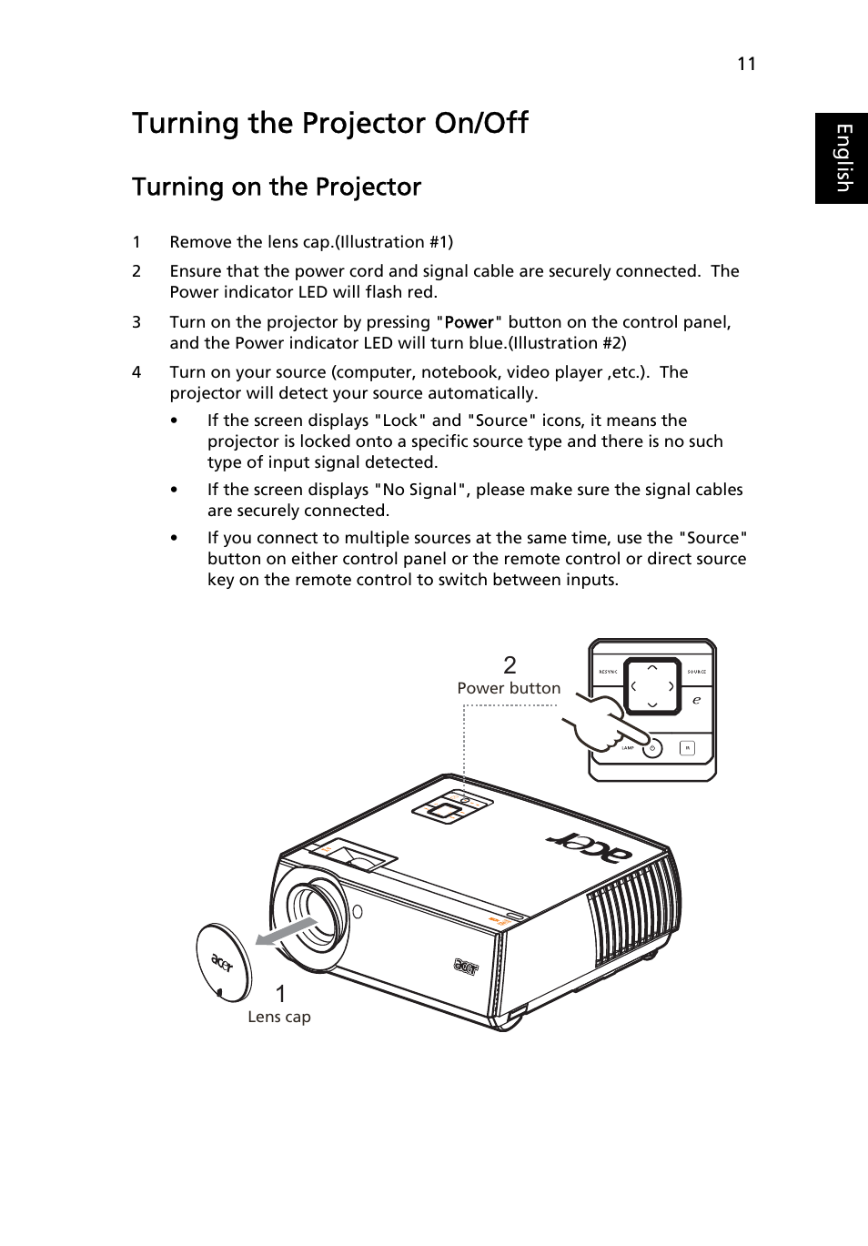 Turning the projector on/off, Turning on the projector | Acer P7280i Series User Manual | Page 23 / 61