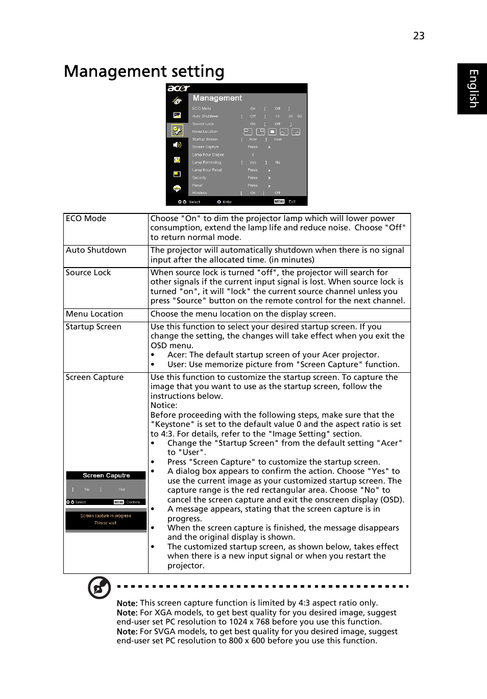 Management setting, Eng lis h | Acer P7280i Series User Manual | Page 35 / 61