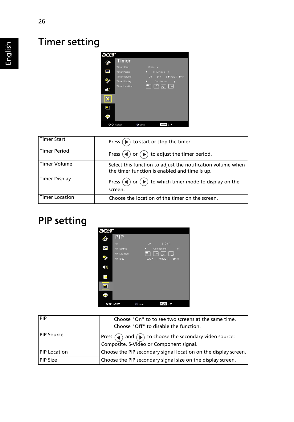 Pip setting, Timer setting pip setting, English | Acer P7280i Series User Manual | Page 38 / 61