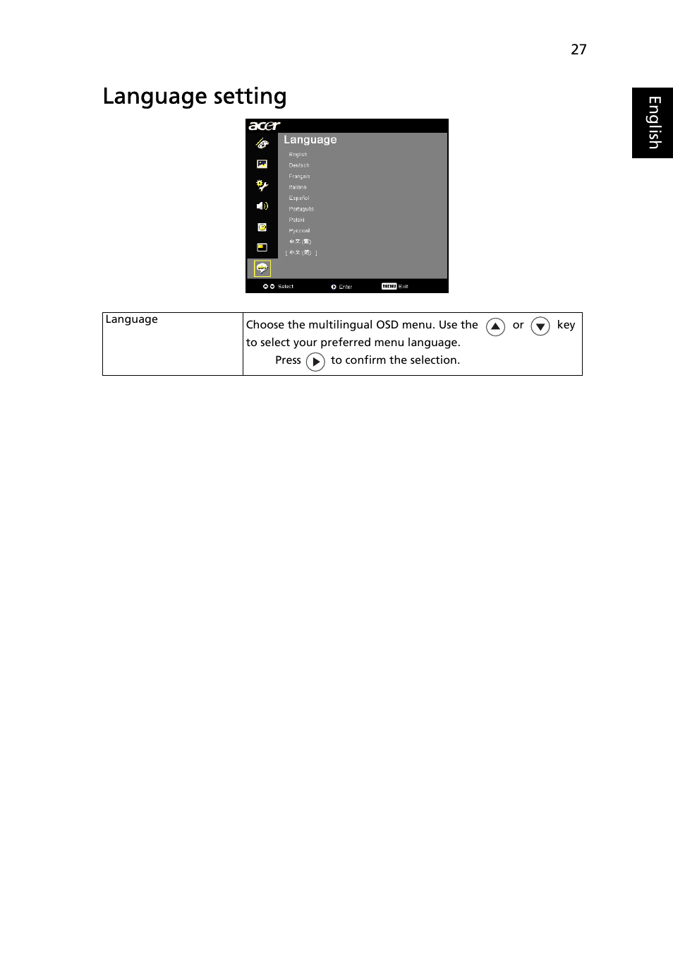 Language setting | Acer P7280i Series User Manual | Page 39 / 61