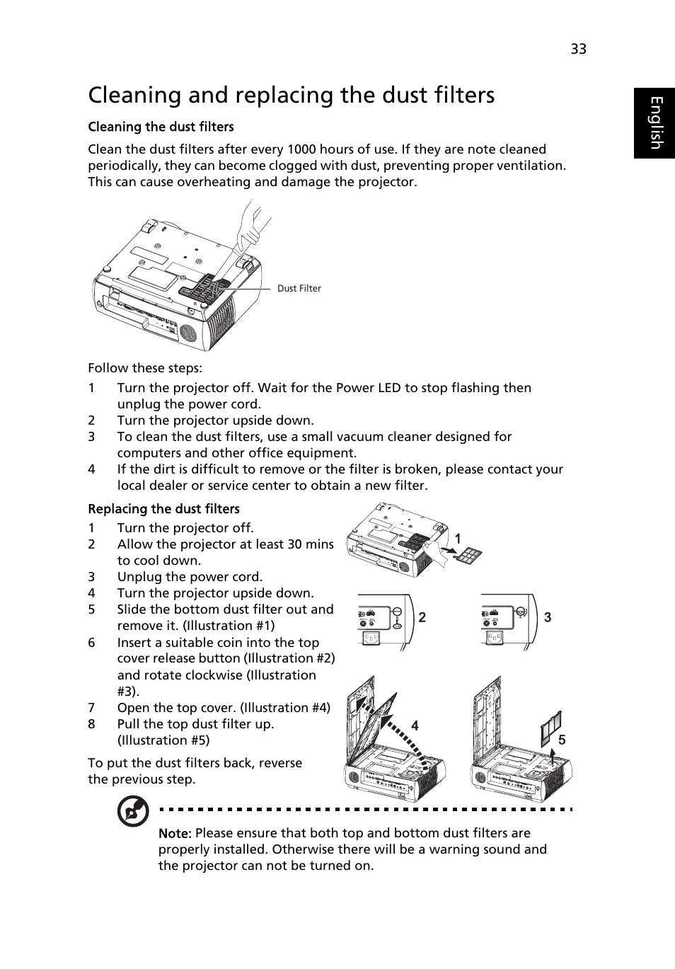 Cleaning and replacing the dust filters | Acer P7280i Series User Manual | Page 45 / 61