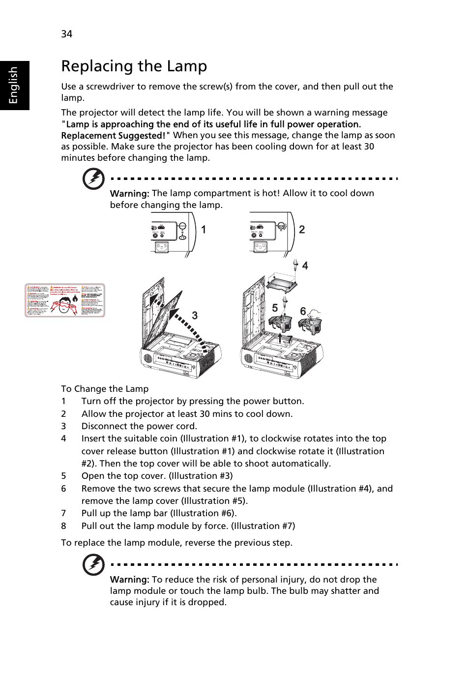 Replacing the lamp, English | Acer P7280i Series User Manual | Page 46 / 61