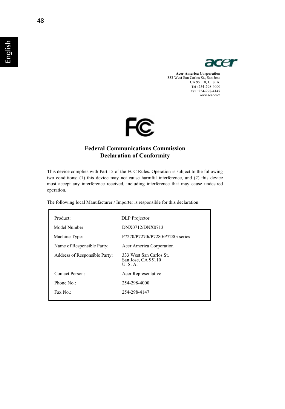 English | Acer P7280i Series User Manual | Page 60 / 61