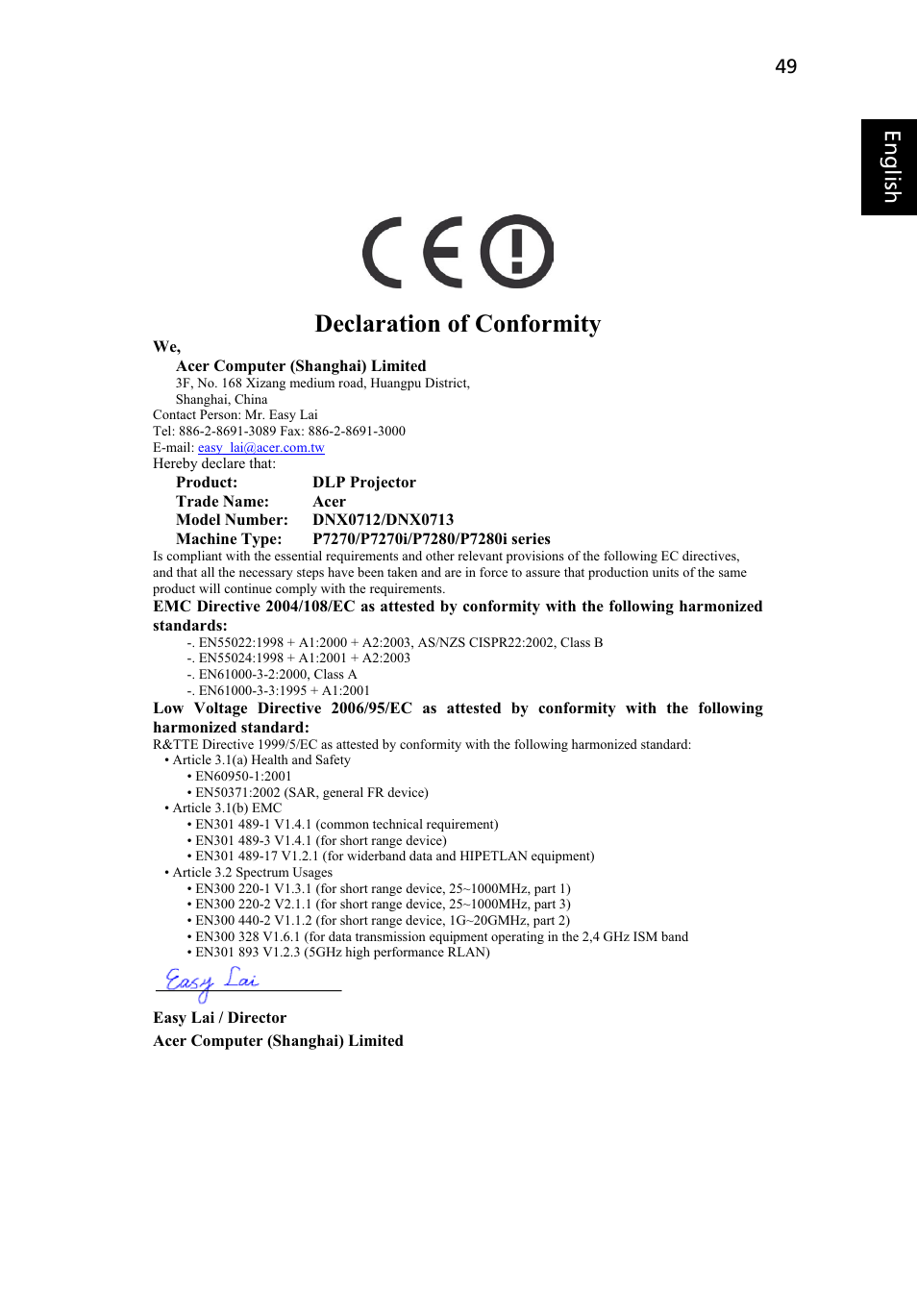 Declaration of conformity, Eng lish eng lis h | Acer P7280i Series User Manual | Page 61 / 61