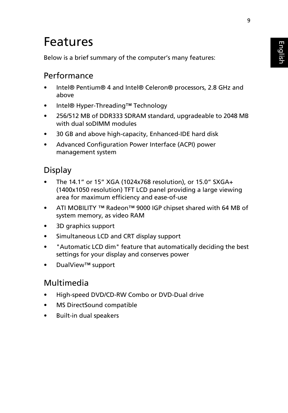 Features, Indicators, Performance | Display, Multimedia | Acer 2000 Series User Manual | Page 17 / 78